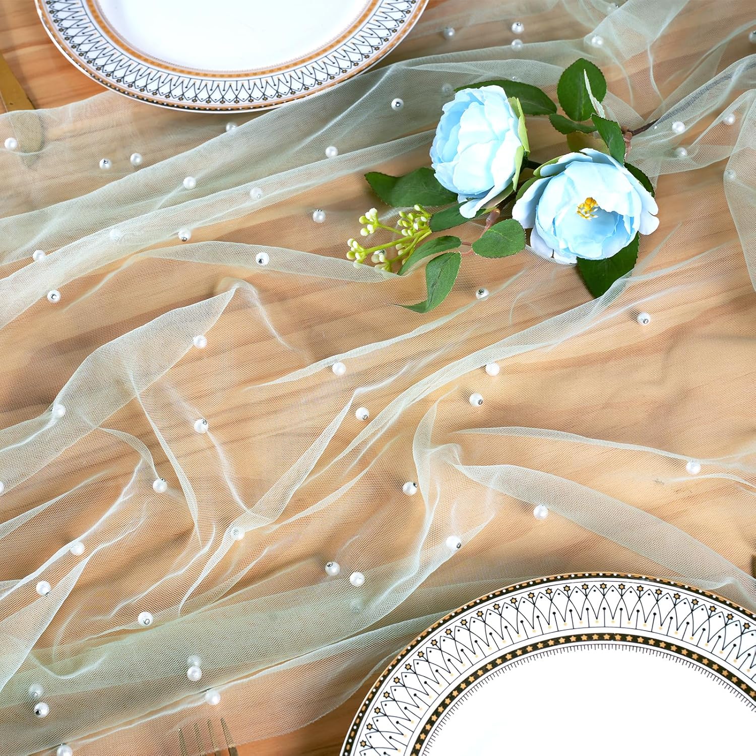 6pcs Sage Green Pearl Table Runner 120 Inch Long Boho Rustic Tulle Lace Table Runner for Baby Bridal Shower Wedding Arch for Spring Summer Pearl Table Cloth Decor