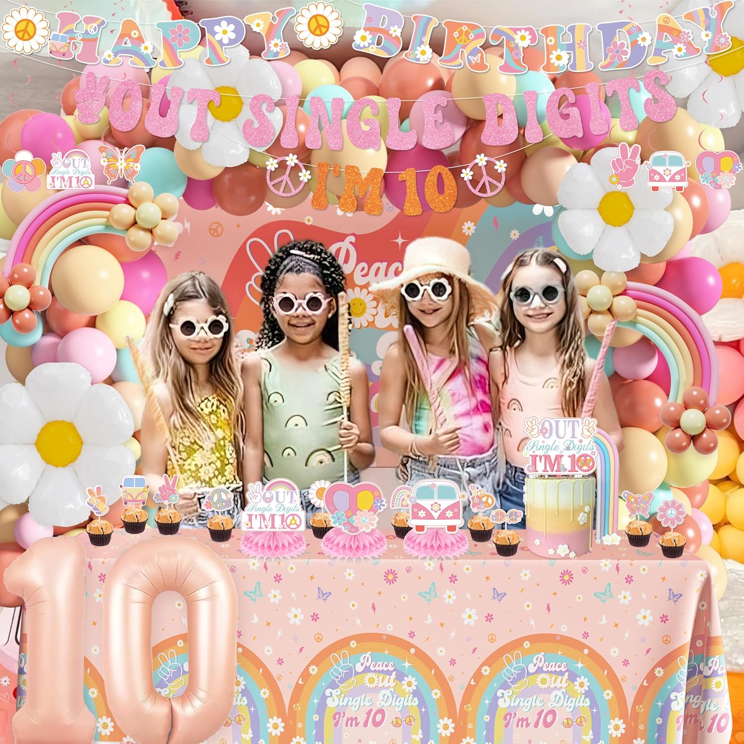10th Birthday Decorations for Girl, Peace Out Single Digits Party Decor Groovy 10th Birthday Decor Boho I'm 10 Backdrop Banner Tablecloth Cake Topper Honeycomb Centerpieces Hanging Swirls Balloons Set