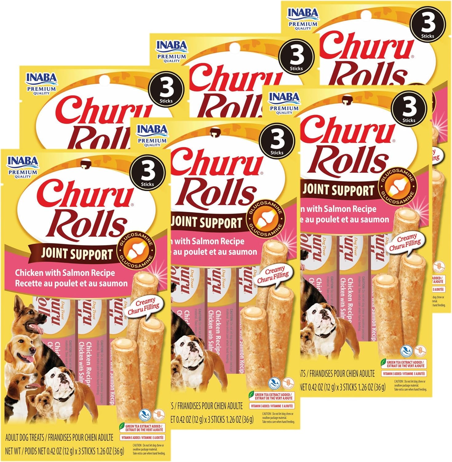 INABA Churu Rolls Joint Support for Dog, Functional Lickable Dog Treat with Taurine & Green Tea Extract, 1.26oz Each, 18 Tubes Total, Chicken with Salmon Recipe