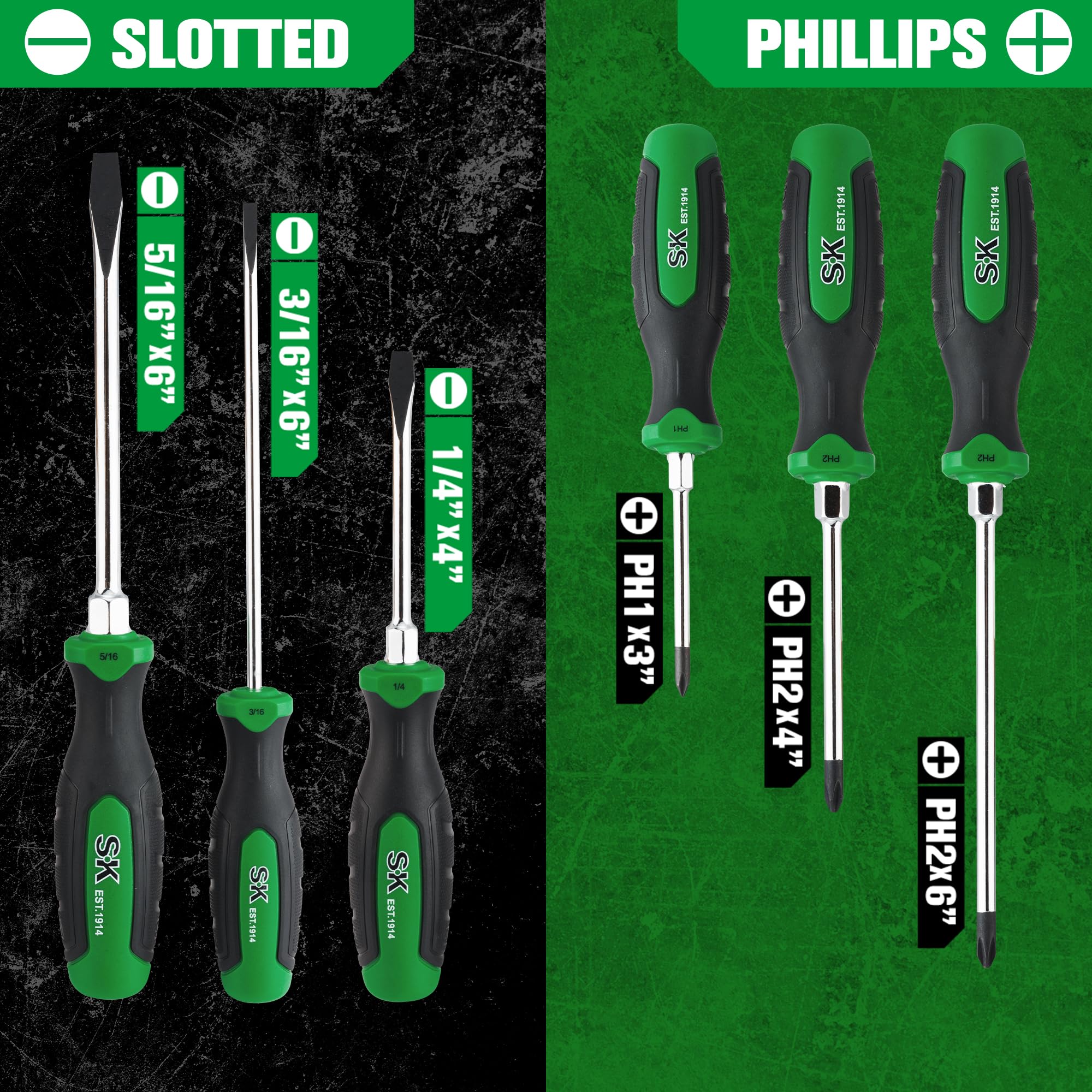 SK Juego de Herramientas Destornilladores Magnéticos Bricolaje, Acero S2, 3 Ranurados y 3 Phillips, Mango SureGrip®