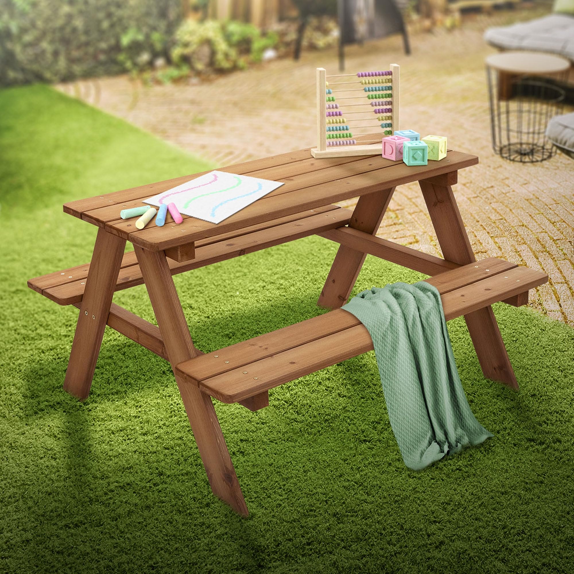 ML-Design Set di Sedute da Esterno per Bambini Marrone in Legno Massiccio Set con 2 Panche e Tavolo da Picnic da Giardino con 4 Sedute Mobili con 2 Panche Incorporate per Bambini da Gioco