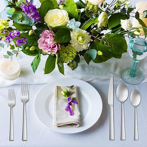 Miniatura 7 de Herogo Juego de cubiertos de 20 piezas color negro mate para 4, cubiertos cuadrados de acero inoxidable, juego de utensilios de cocina para comer,