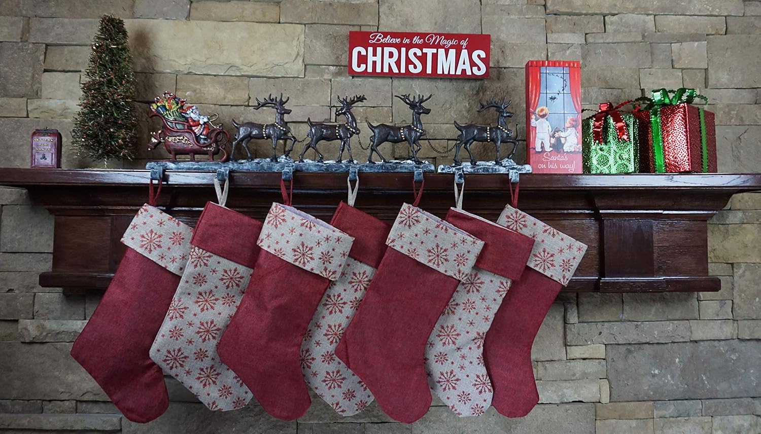 Lulu Decor, Cast Iron Christmas Stocking Holder with 7 Hooks, Unique Design of Santa on Decorated Sleigh with 4 Deer (7 Hooks)