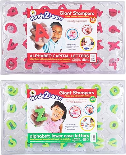 READY 2 LEARN Sellos gigantes, alfabeto, mayúsculas y minúsculas, juego de 56 sellos de espuma fáciles de sostener para niños, sellos de arte y