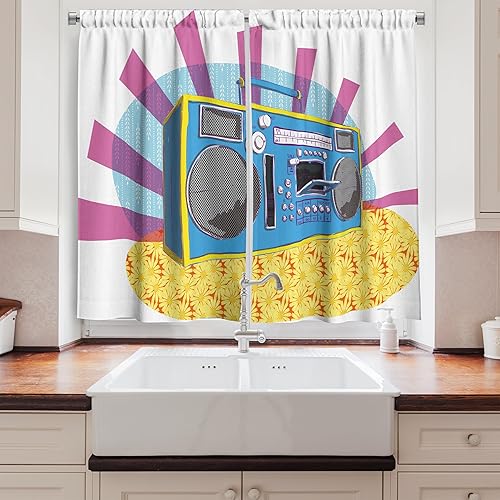 Miniatura 2 de Ambesonne 70s Party Kitchen Curtains, Retro Boom Box in Pop Art Manner Dance Music Colorful Composition Artwork Print, Window Drapes 2 Panel Set for