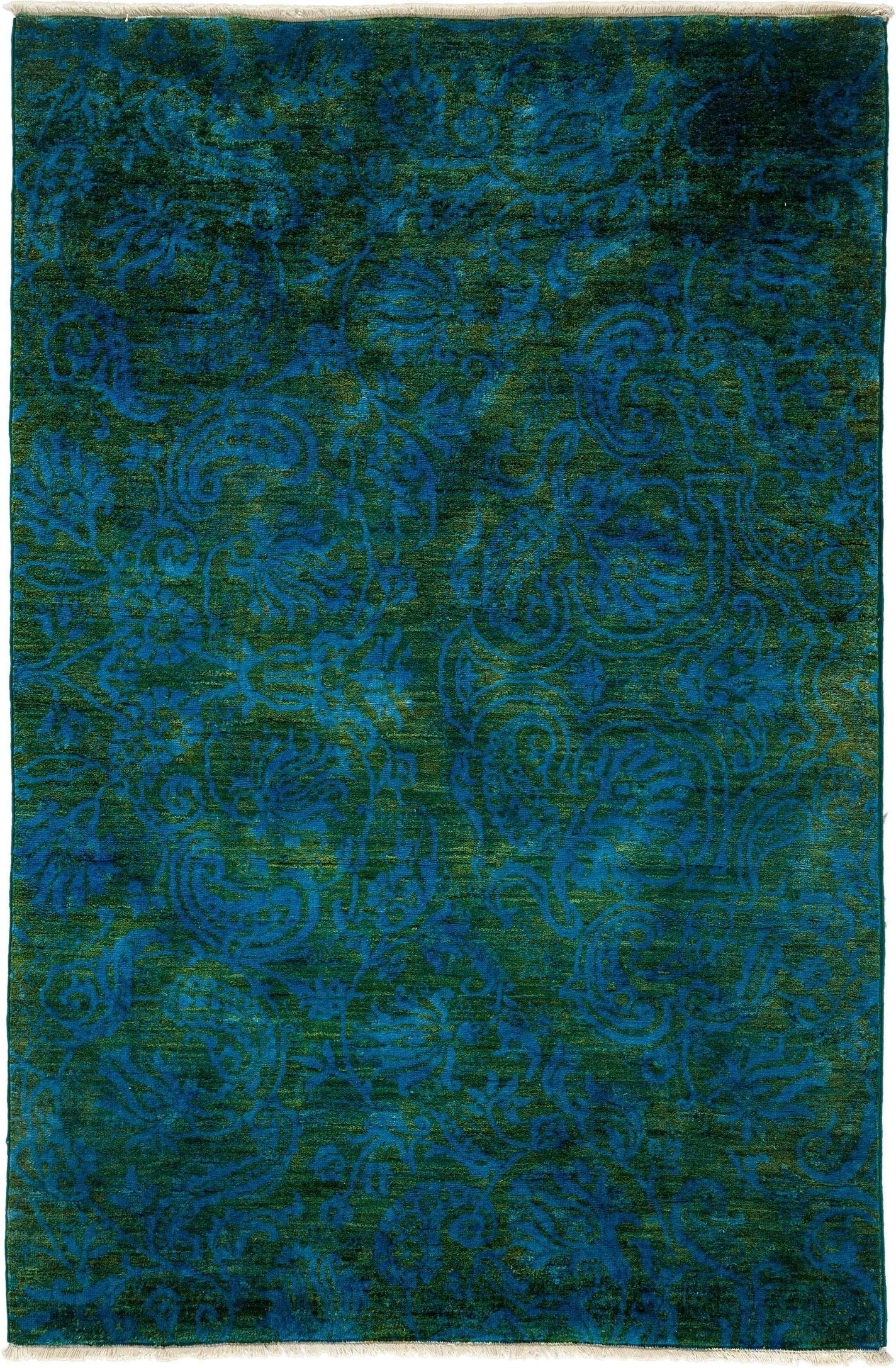 Solo Rugs Vibrance Campanai One of a Kind Hand Knotted Area Rug, Green Campanai, 4' 1" x 6' 1"