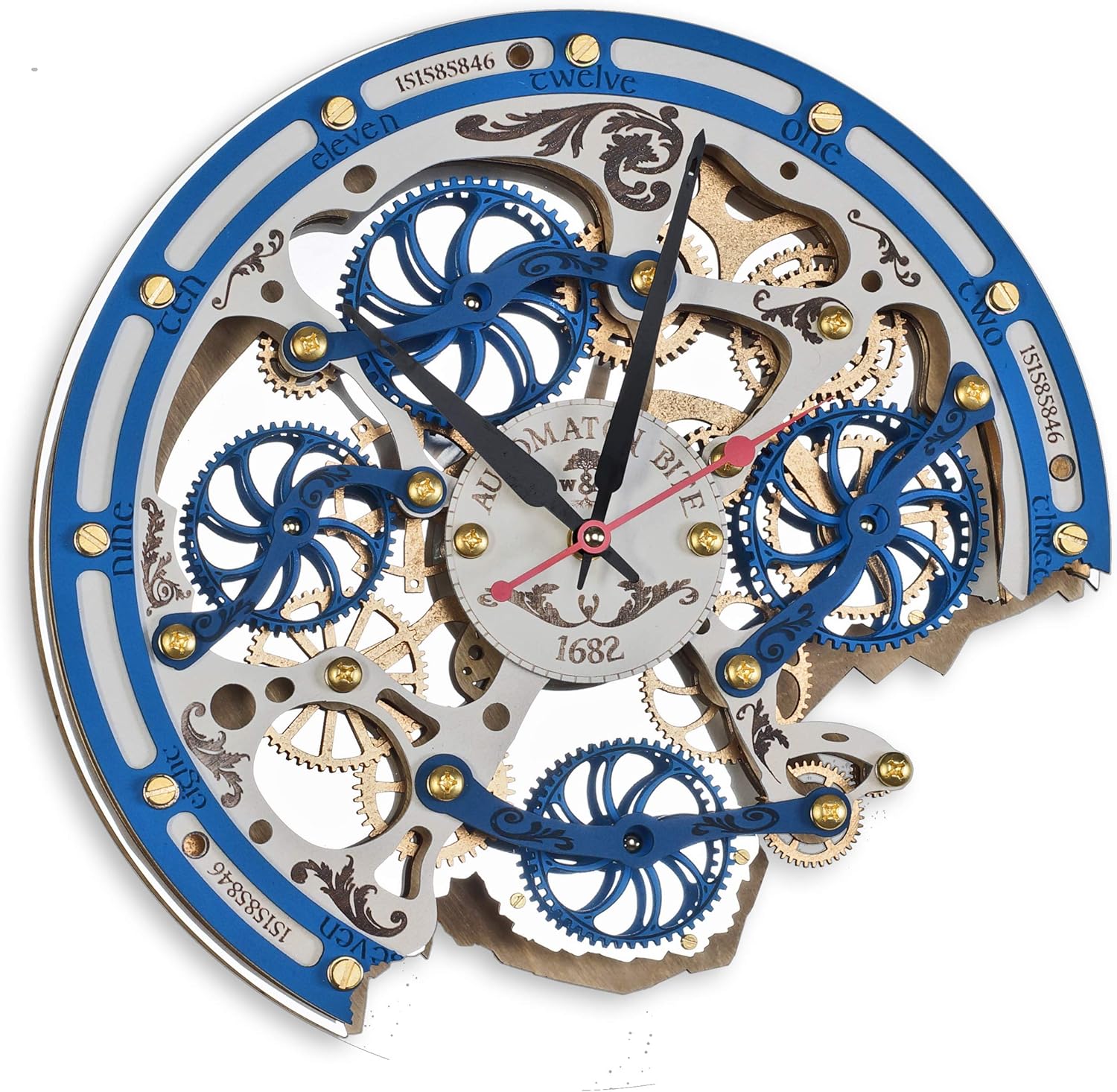 Automaton Bite 1682 "Gzhel " Large Wall Clock Moving Gears, Mechanical Silent Rotating Wall Art, Home Living Room and Office design, Personalized Engraving Art Gift, Steampunk Loft Antique Decor