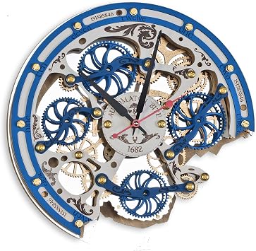 Automaton Bite 1682 "Gzhel " Large Wall Clock Moving Gears, Mechanical Silent Rotating Wall Art, Home Living Room and Office design, Personalized Engraving Art Gift, Steampunk Loft Antique Decor
