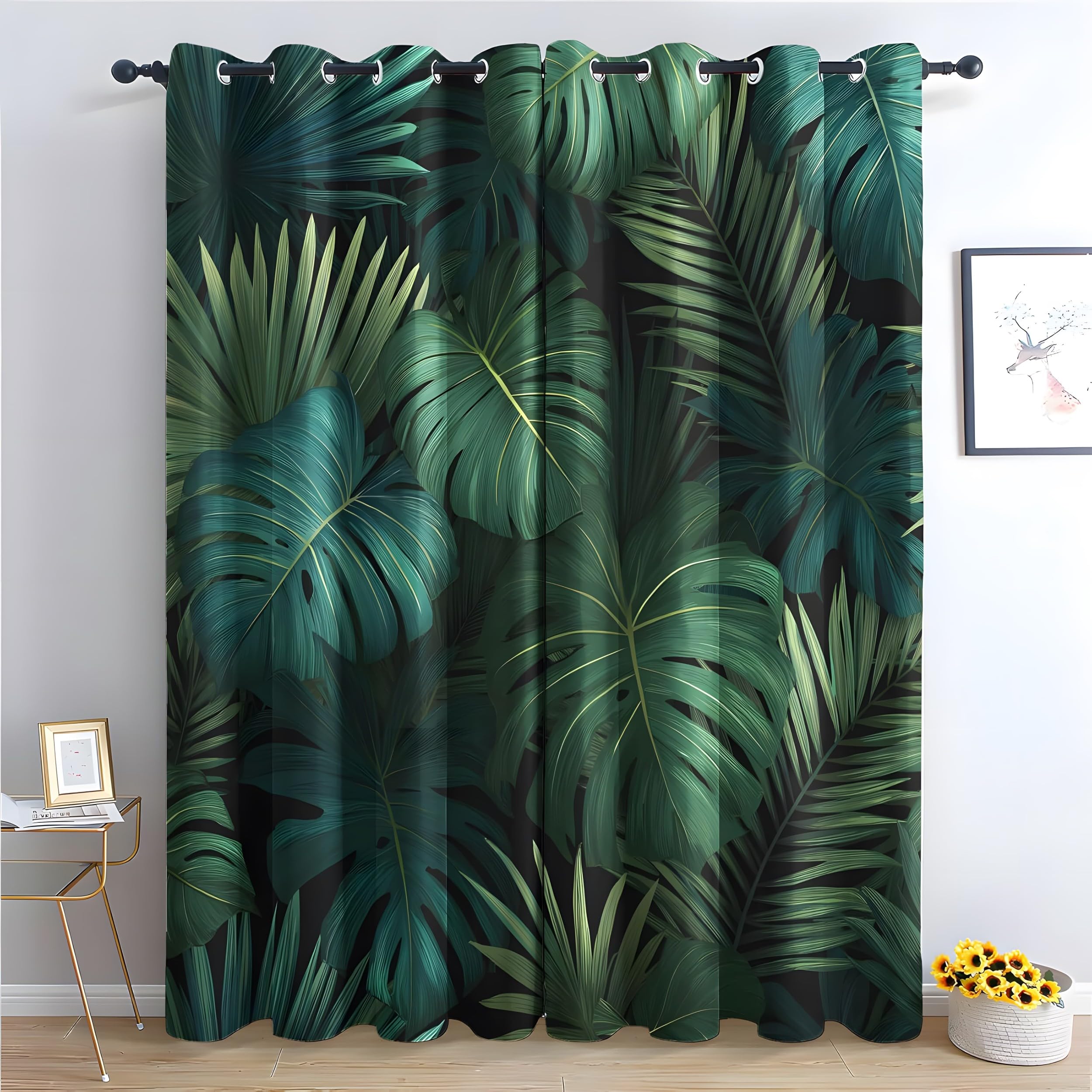 YZQGLHP Tropical Jungle Curtains, W 46" x L 54" (117 x 137 cm), Palm Leaves Blackout and Heat-Insulating Curtains, Curtain 2 Pieces in a Pack, Suitable for Bedrooms and Living Rooms