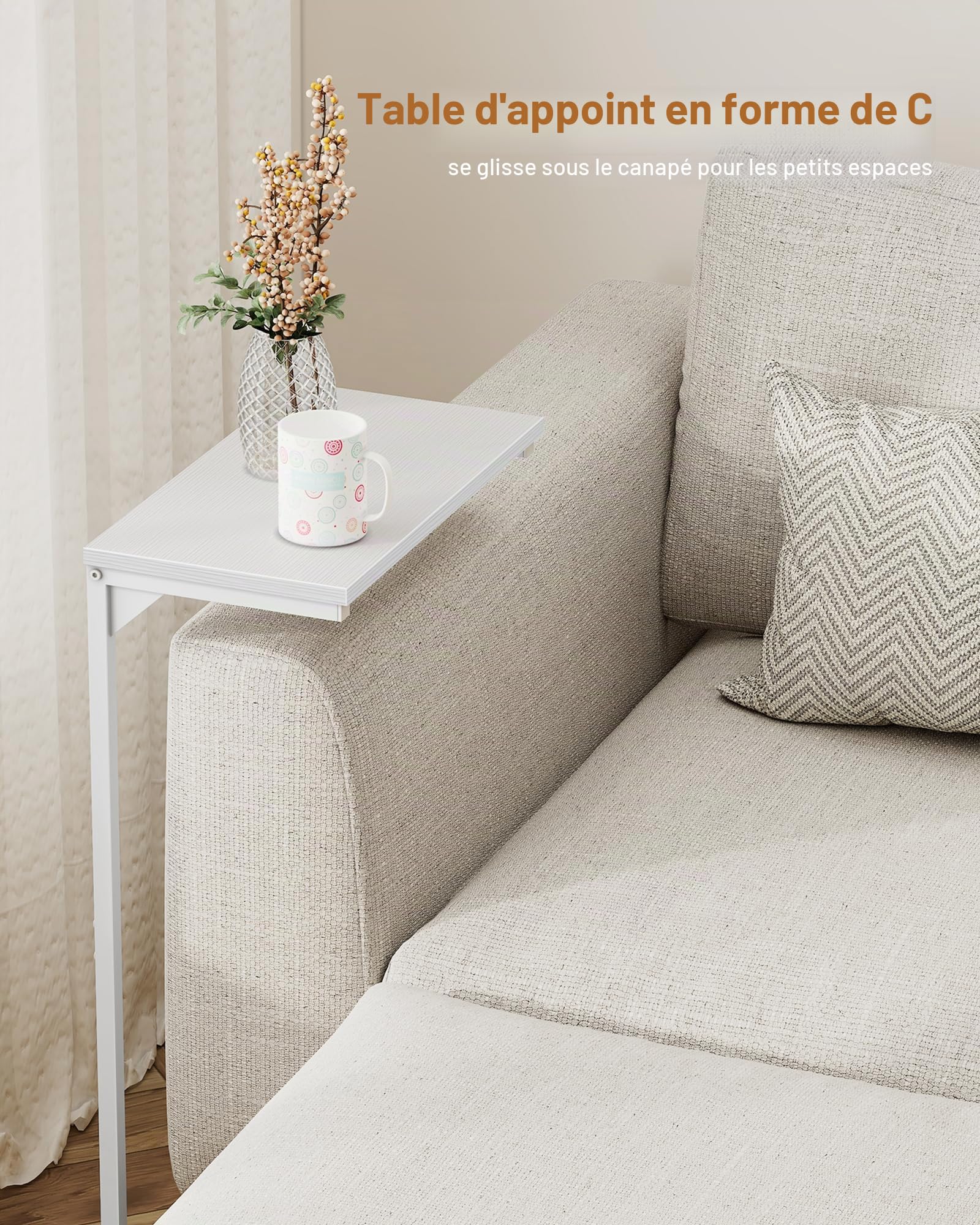 TUTOTAK Table d'appoint en forme de C, petite table haute 73 cm, table basse, salon, chambre à coucher, blanc TB01BW071EU