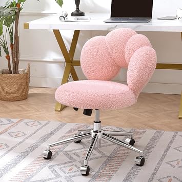 Vanity Chair with Back & Wheels, Teddy Fabric Home Office with Height Adjustable, Upholstered Accent Cute Petal Desk Swivel for Bedroom, Pink