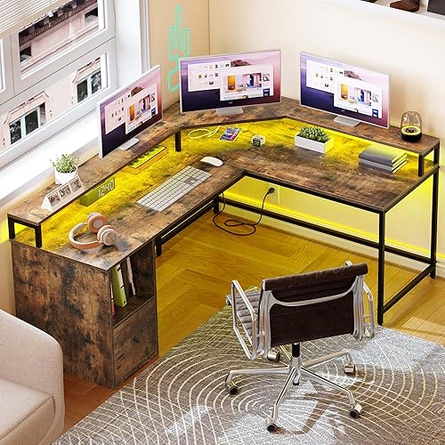Miniatura 3 de YITAHOME L Shaped Desk with Power Outlets & LED Lights, 67" Computer Desk with File Drawer, Corner Desk Home Office Desk with Monitor Stand & 3