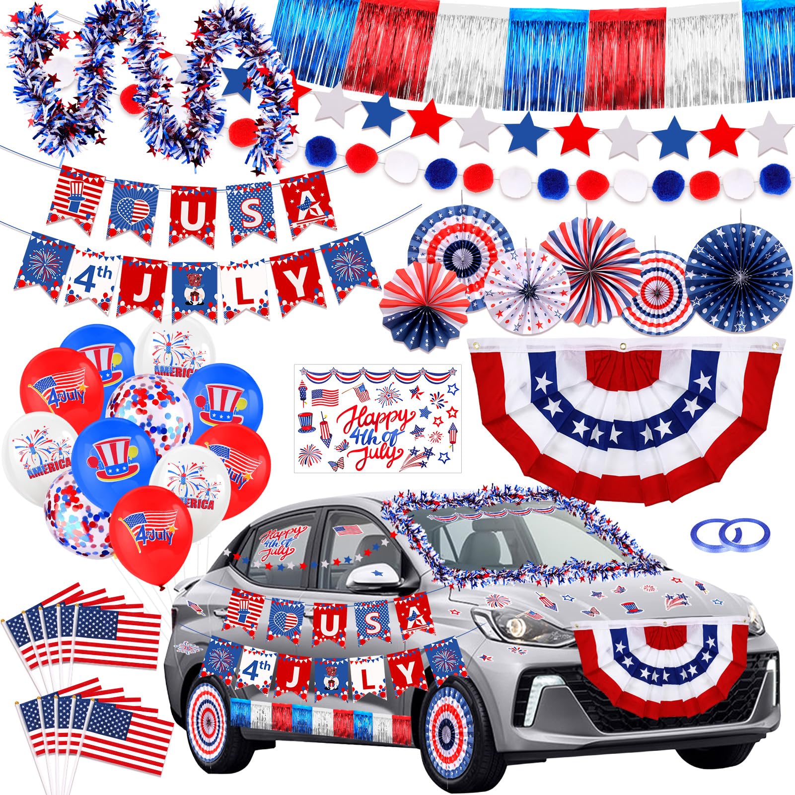 HOWAF 4th of July Parade Car Decoration Kit, Red White Blue Independence Day Party Bicycle Decoration Bulk- USA Flags Balloons Car Stickers Foil Curtain Tinsel Garlands Paper Fans