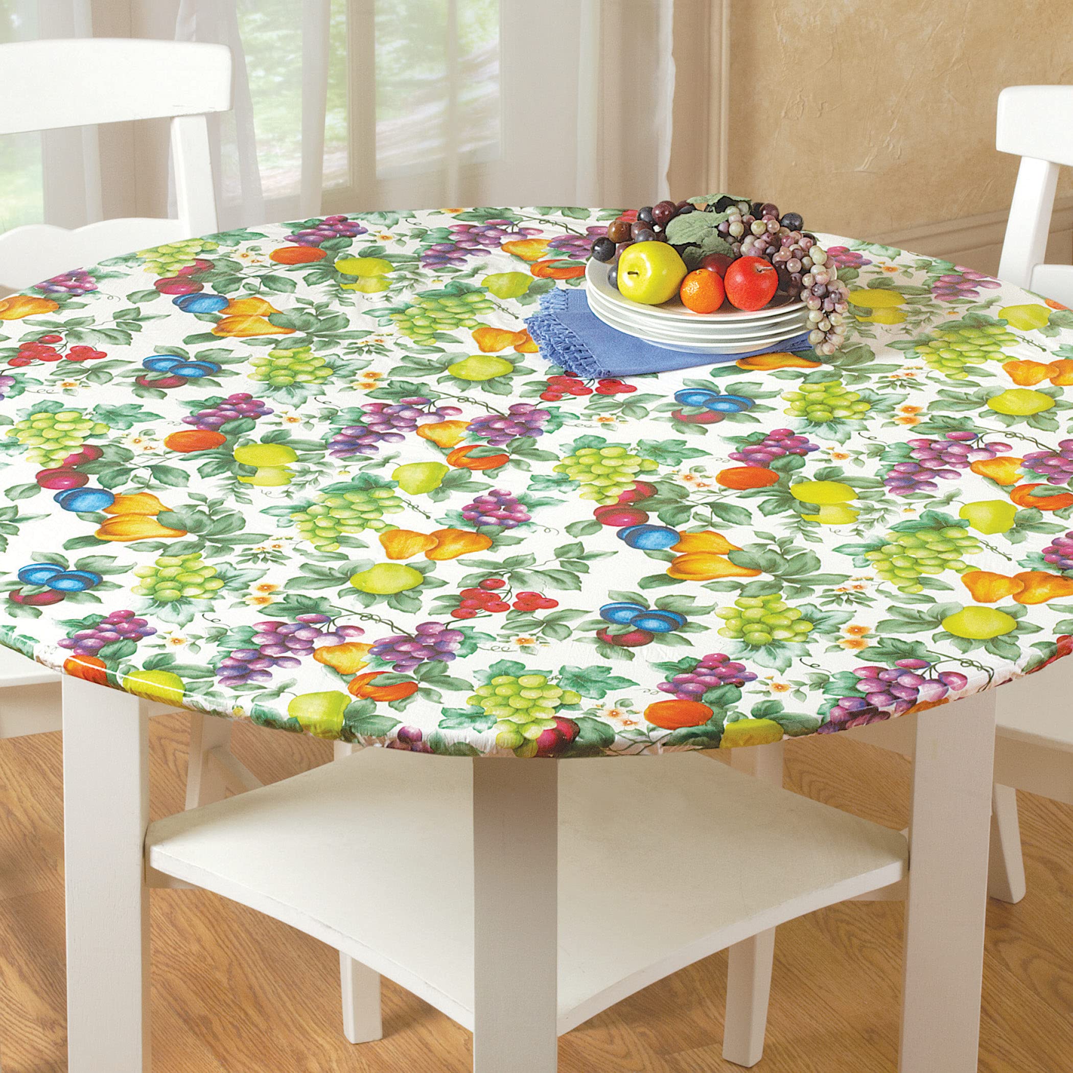 Collections Etc. Patterned Fitted Table Cover with Soft Flannel Backing and Durable Wipe-Clean Vinyl Construction, Fruit, Round