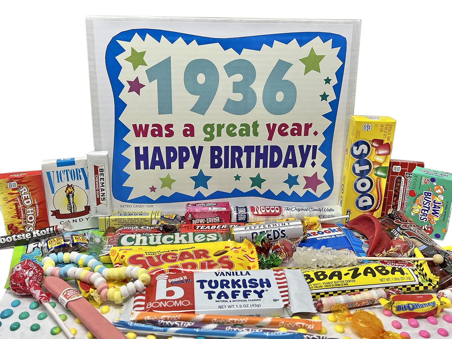 RETRO CANDY YUM ~ 1936 90th Birthday Gift Box of Nostalgic Candy from Childhood for 90 Year Old Man or Woman Born 1936