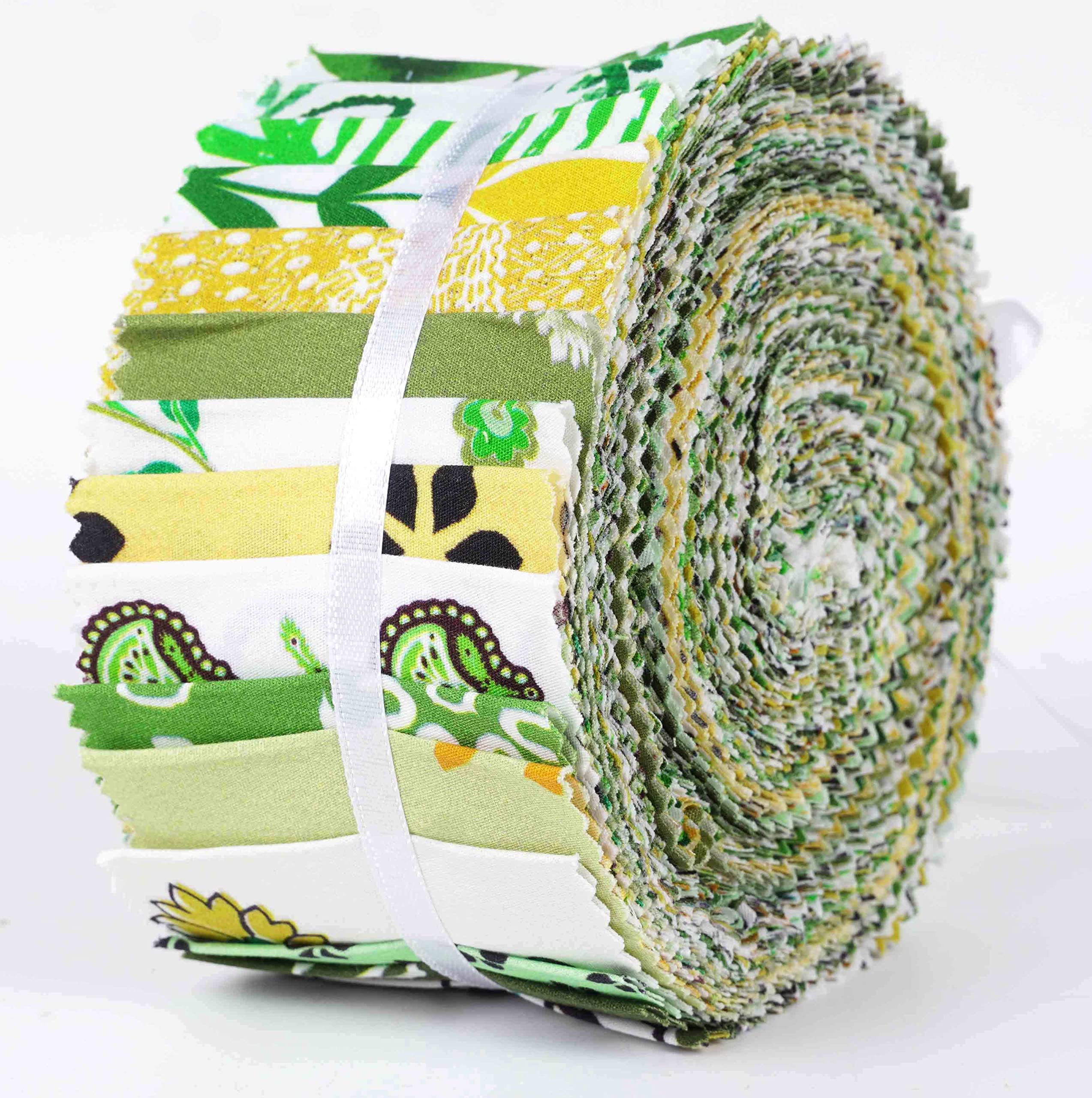 Soimoi 40Pcs Block Print Cotton Precut Fabrics for Quilting Craft Strips 2.5x42inches Jelly Roll - Green