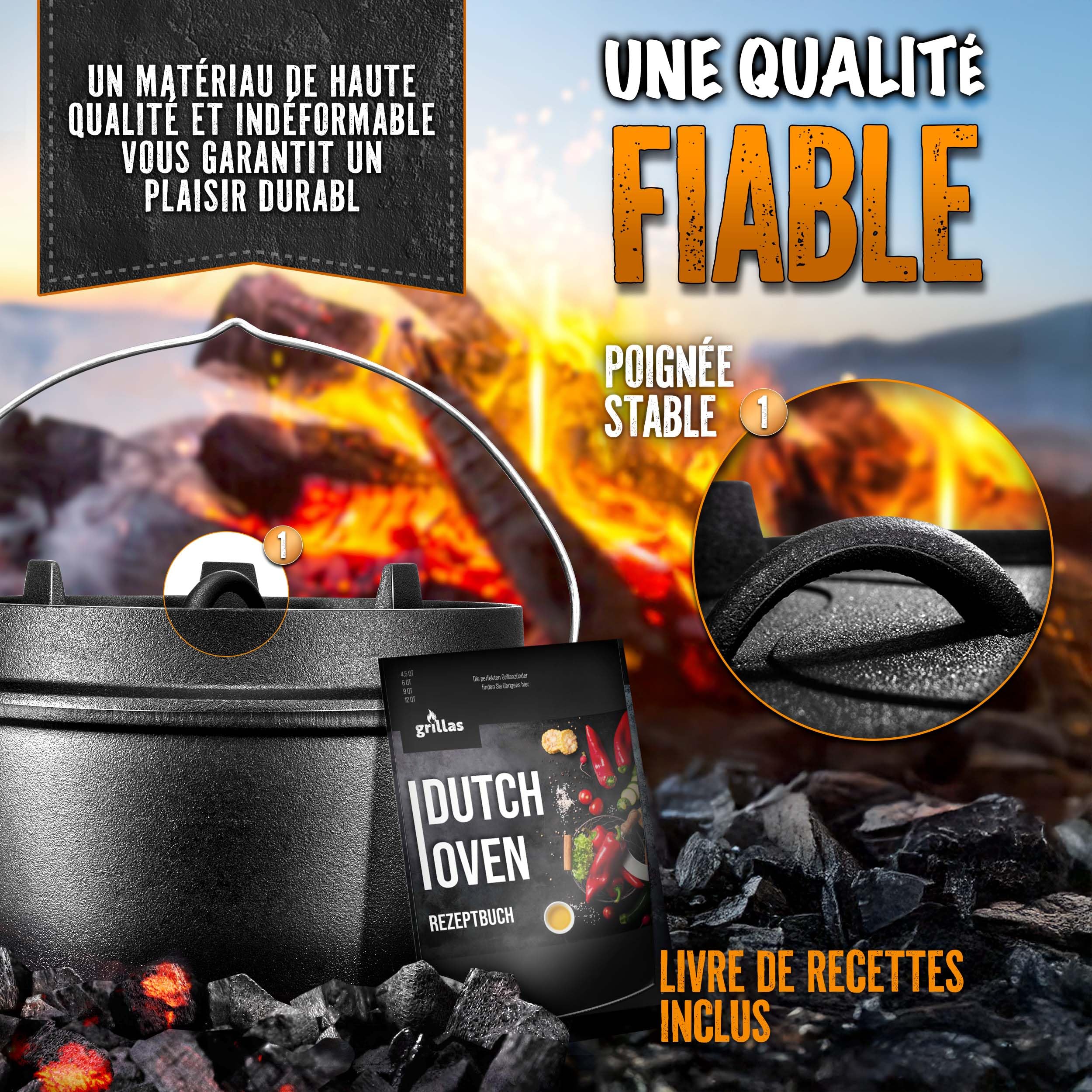 grillas® Dutch Oven Set Premium Série | Pré-assaisonné | Casserole en fonte I Rôtissoire avec soulève-Couvercle
