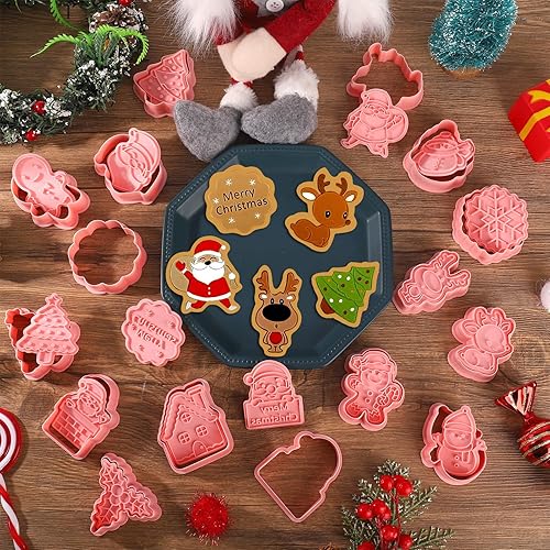 Miniatura 5 de Jspupifip Juego de 16 cortadores de galletas de Navidad, cortadores de galletas 3D para hornear, moldes rosados para hacer tú mismo, sellos de