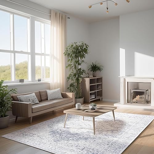 Miniatura 4 de BILEEHOME Alfombra de área bohemia color gris claro de 5 x 7 pies, lavable y desgastada, con patrón de medallón de damasco, para sala de estar,