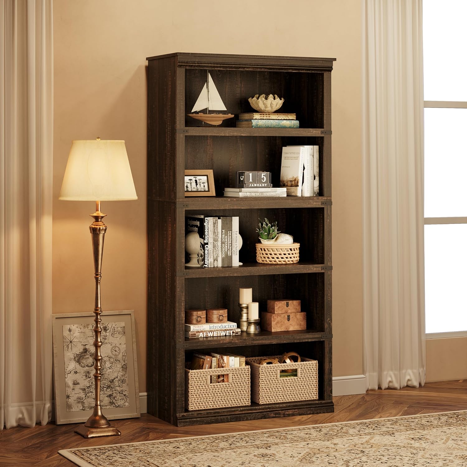 Two IDEALHOUSE 5-Tier Bookcases in a living room with various items