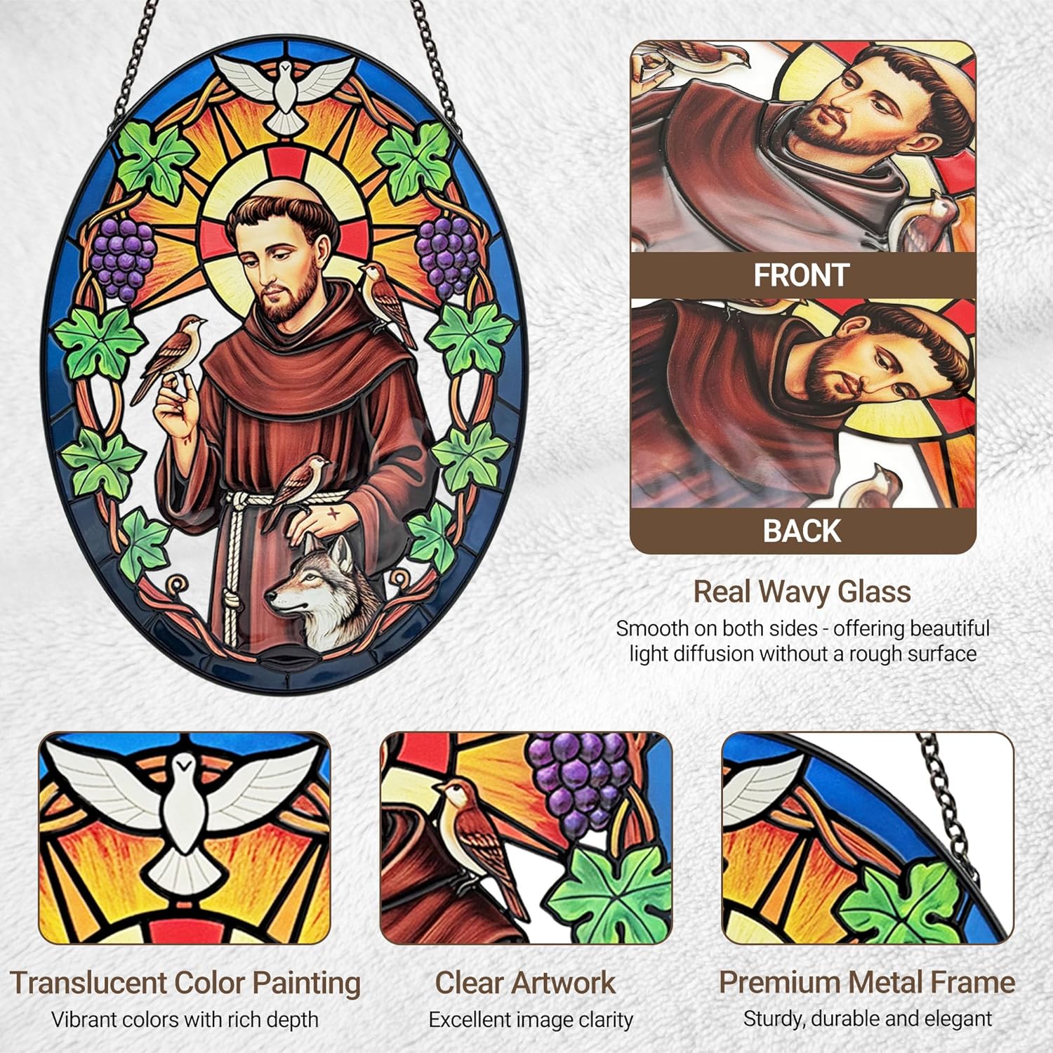 Stained Glass Window Hanging, Saint Francis of Assisi Sun Catchers Indoor Window Decor, 8.8 Inch Oval Suncatcher, Christmas Decorations, Christian Gifts for Women, Catholic Gifts for Women