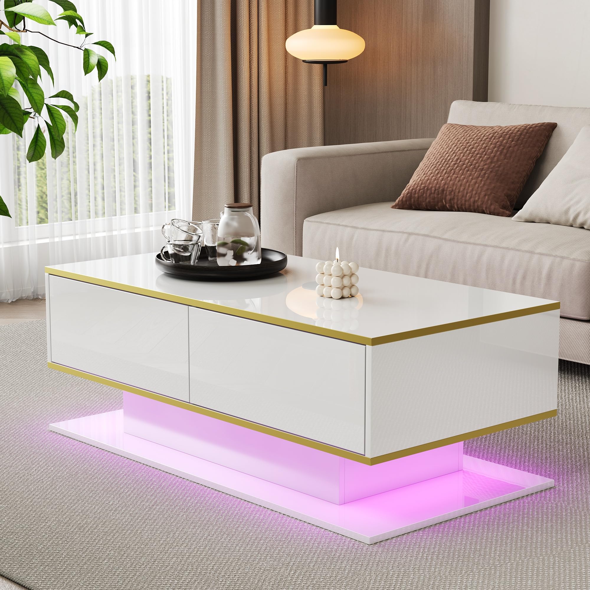 Merax LED High Gloss Coffee Table, Modern Living Room Table with LED Light Strip & USB,Drawers, Gold Accents, Storage Coffee Table with 3 Drawers & Open Shelf, white - 100x50x40cm