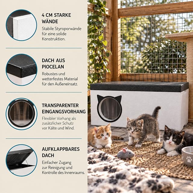 Foto 4 de 7 de QLS Casa para gatos, 58 x 38 cm, resistente a la intemperie, de poliestireno con cortina