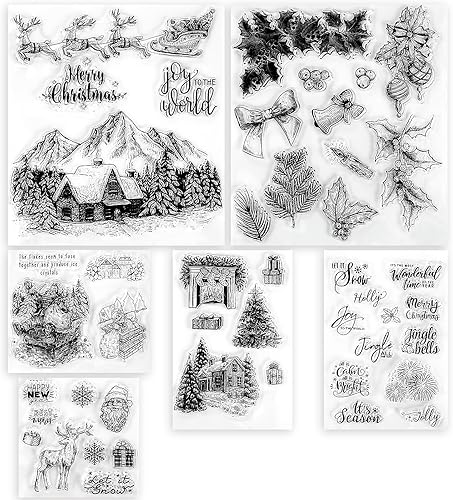 Outus 6 hojas de sellos transparentes con temática navideña, diferentes tipos de estilo navideño, sellos transparentes de silicona con patrón de