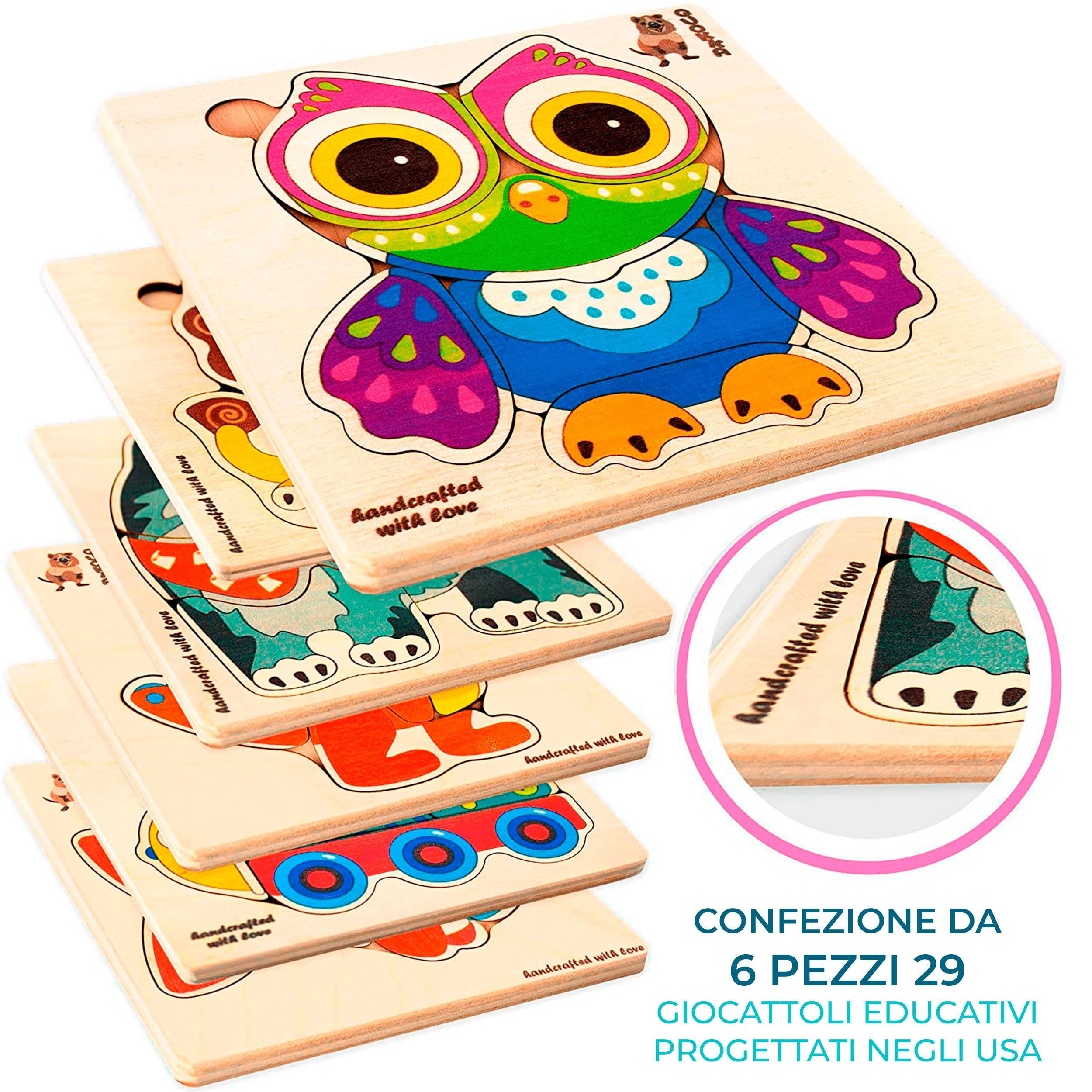 QUOKKA Puzzle Legno Bambini 2 3 4 Anni – 6 Giocattoli Puzzle Montessori 18 Mesi – Animali Gioco Bambino 1 Anno – Giocattolo Educativo Regalo per Bambini e Bambine