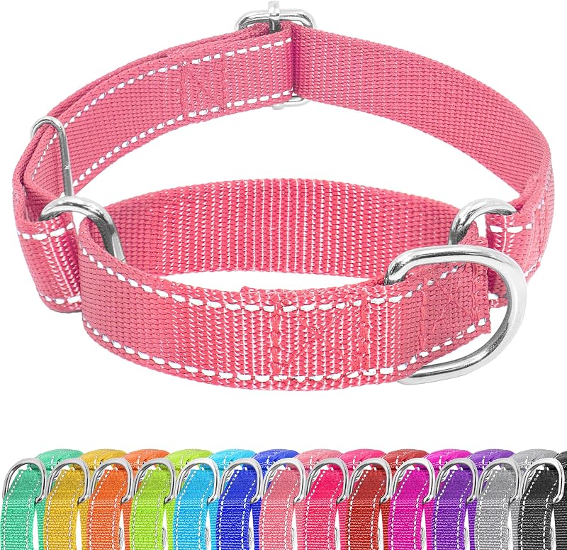 Coleira Martingale Ajustável para Cães Seyezo sem Fivela, Nylon e Faixa Refletiva, Rosa, tamanho Grande