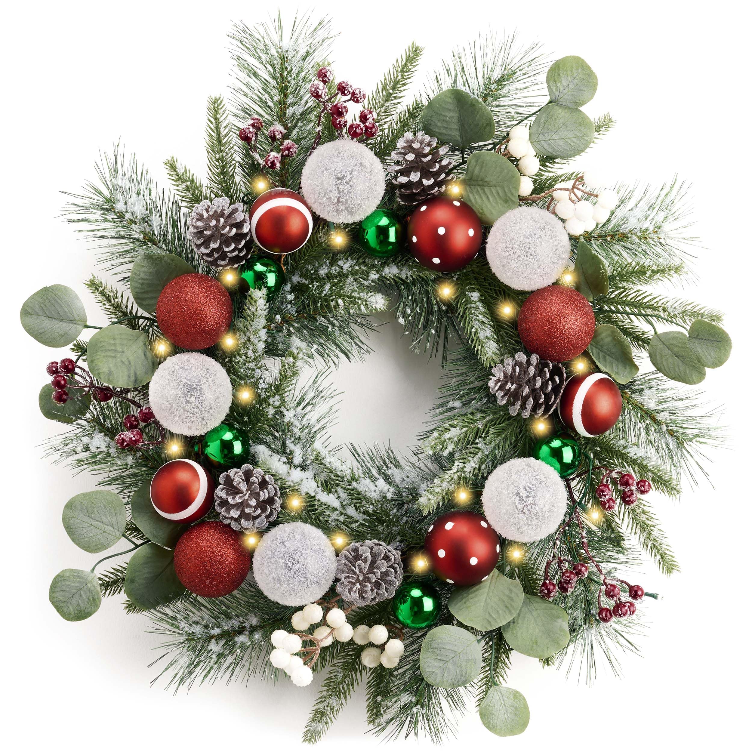 Couronne de Noël pré-éclairée 50cm Valery Madelyn avec boules rouges et vertes pour porte