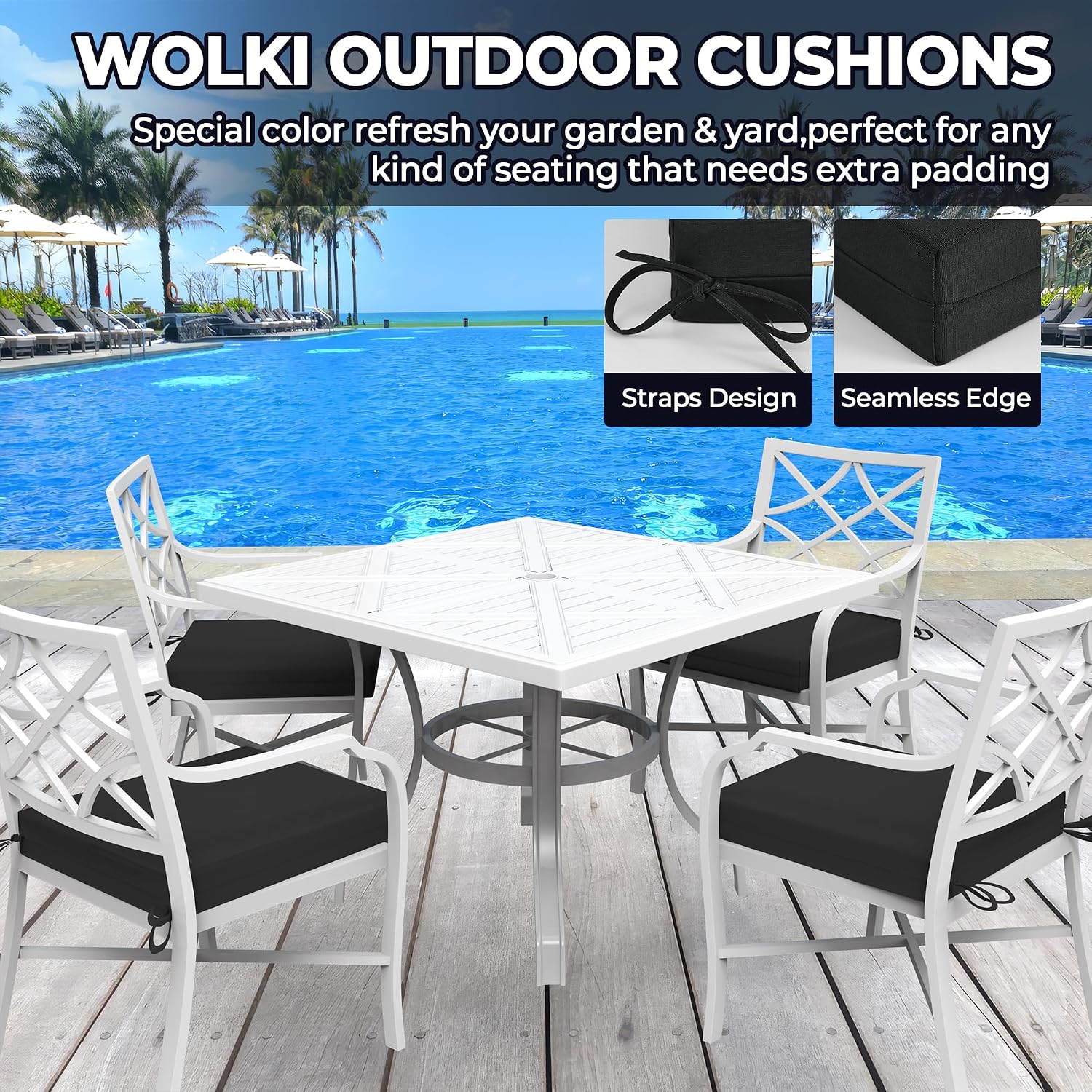 WOLKI Outdoor Cushions for Patio Furniture Set of 4, 18.5 x 16 x 3 Waterproof Seat Cushions Thick Chair Pads for Garden, Patio, Dining Black Square