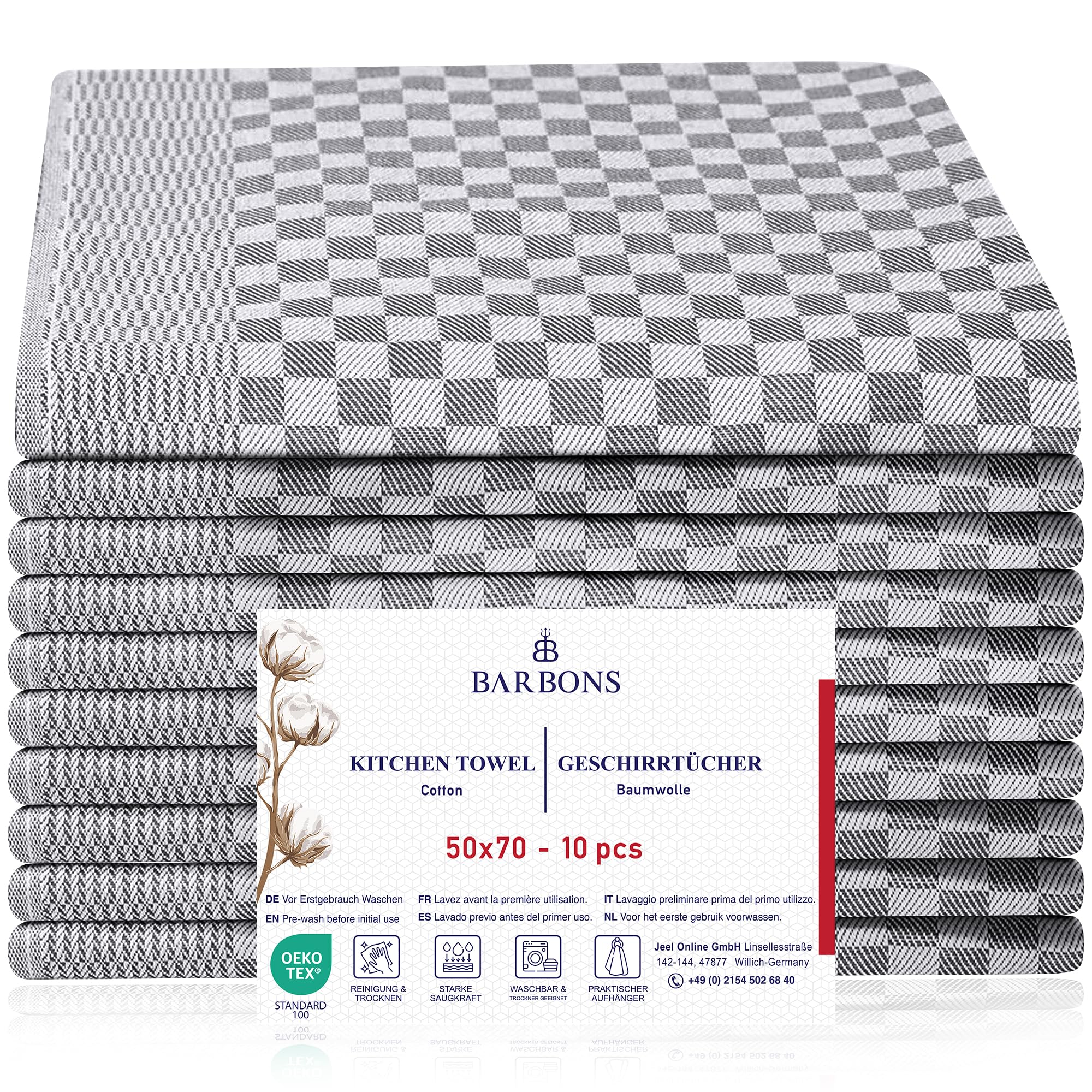 BARBONS 10 ściereczek do naczyń, bawełnianych, 50 x 70 cm, 240 g/m², 85 g, ręczniki kuchenne, do naczyń, ściereczki kuchenne, ściereczki do naczyń, ręczniki do naczyń, suche ściereczki (10 szt., karo