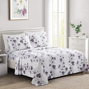 Marina Decoration Ultra Soft Silky Deep Pocket Rich Printed Bedding Rayon Derived from Bamboo All Season 4 Pieces Sheet Set with 2 Pillowcases, Purple Carnation Floral Pattern Twin/Single Size
