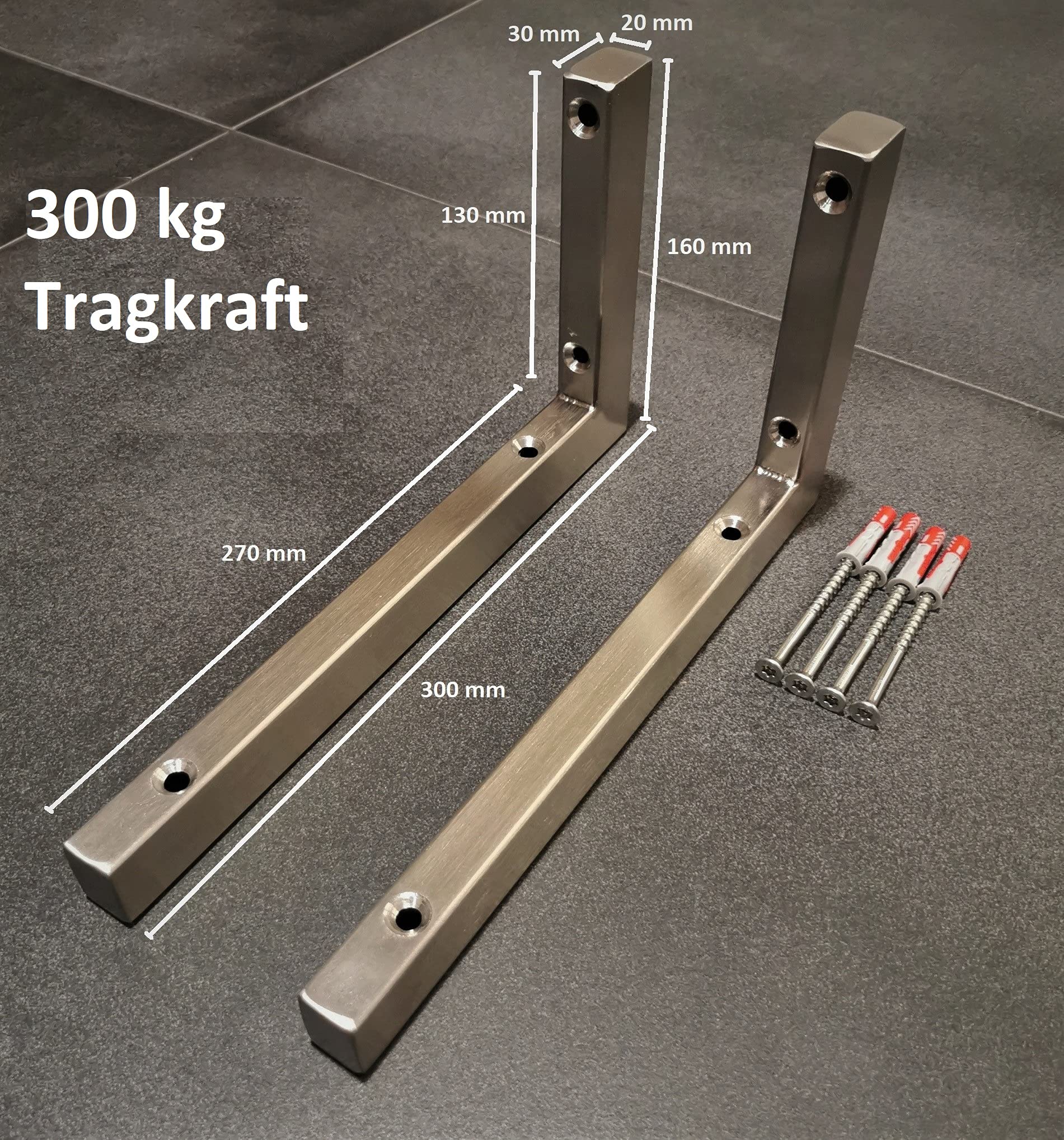 2er Set V2A Wandhalterung 30cm mit Schrauben Waschtischplatte Regalträger Konsolenträger Wandkonsole Edelstahl gebürstet rostfrei 300 kg Traglast