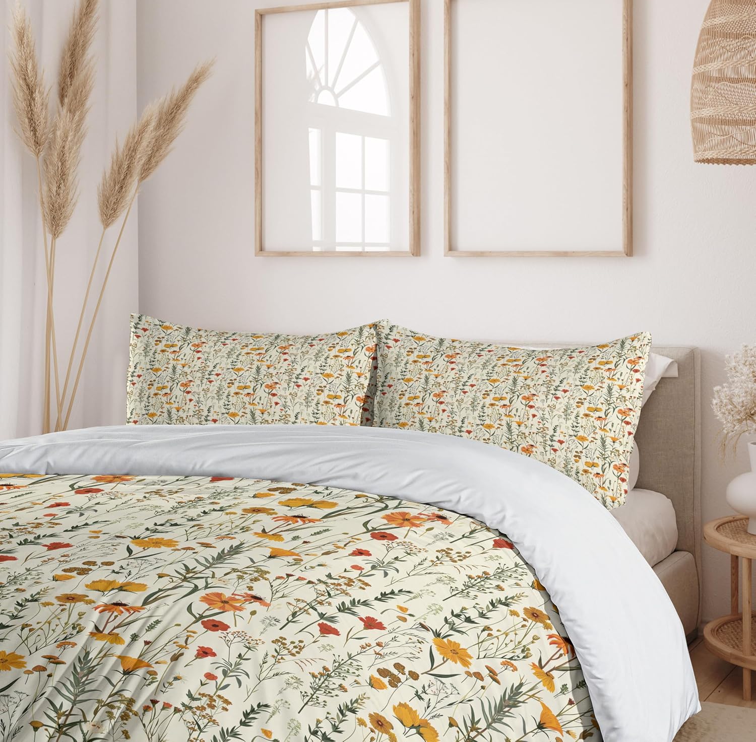 Ambesonne Fall Duvet Cover Set, Wild Flowers Illustration Print Vintage Autumnal Theme Farmhouse Vibe, Decorative 2 Piece Bedding Set with 1 Pillow Sham, Twin Size, Mustard Orange Sage Green