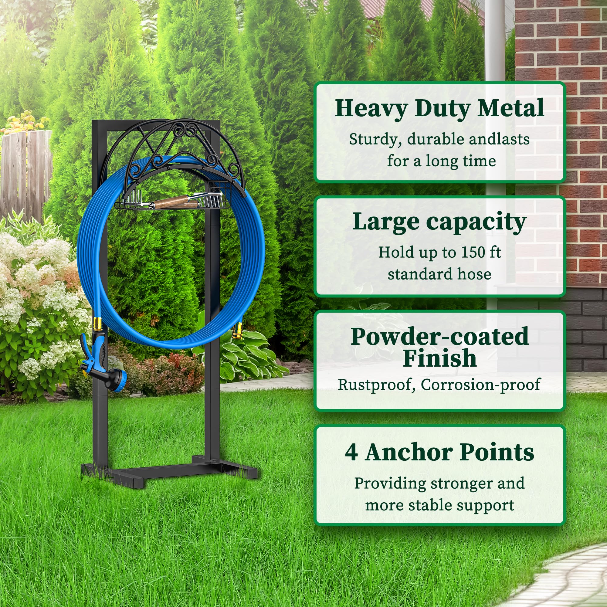 Soporte para manguera de jardín, soporte de metal resistente para manguera de agua con capacidad para 150 pies para césped exterior, desmontable