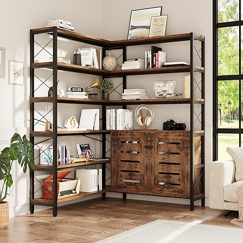 GLAUBIO Estantería esquinera de 6 estantes, estante de esquina industrial vintage, estante esquinero con marco de metal (armarios marrones, grande)