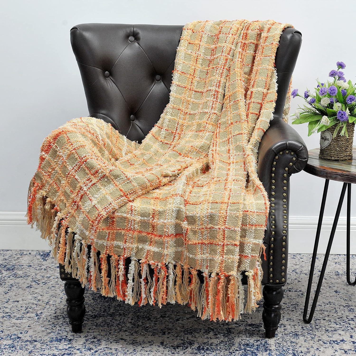 Home Soft Things Multi-Color Chenille Couch Throw Blanket, Burnt Orange, 50" x 60'' Soft Warm Cozy Tartan Blanket with Tassels Throw Blanket for Living Room Bed Sofa Chair Décor