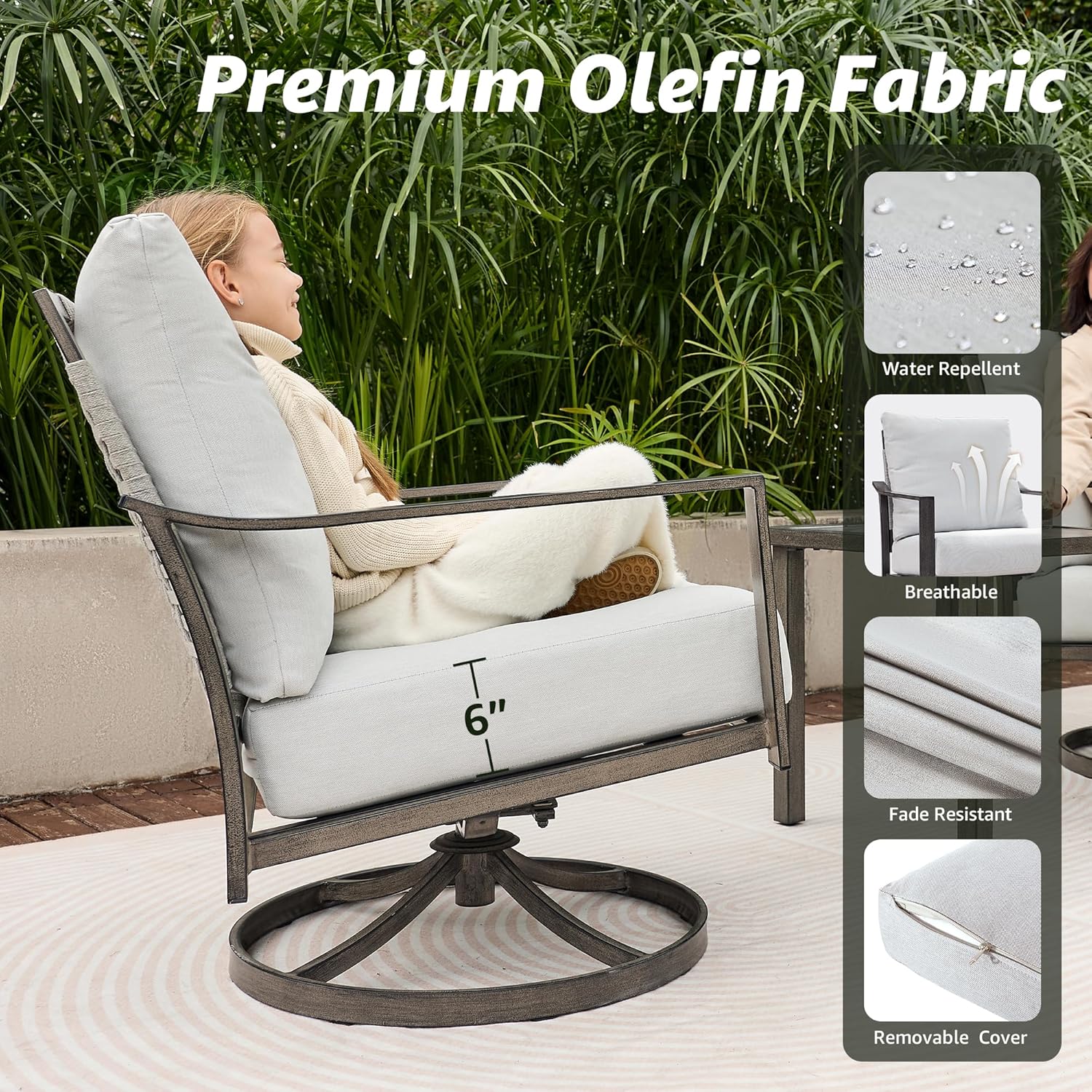 NATURAL EXPRESSIONS Patio Swivel Chairs Set of 2,Outdoor Rocker Chairs Set Patio Bistro Set with Hand-Woven Rope Back,3 Pieces Patio Furniture Sets with 6" Cushions for Backyard,Porch,Balcony,Deck