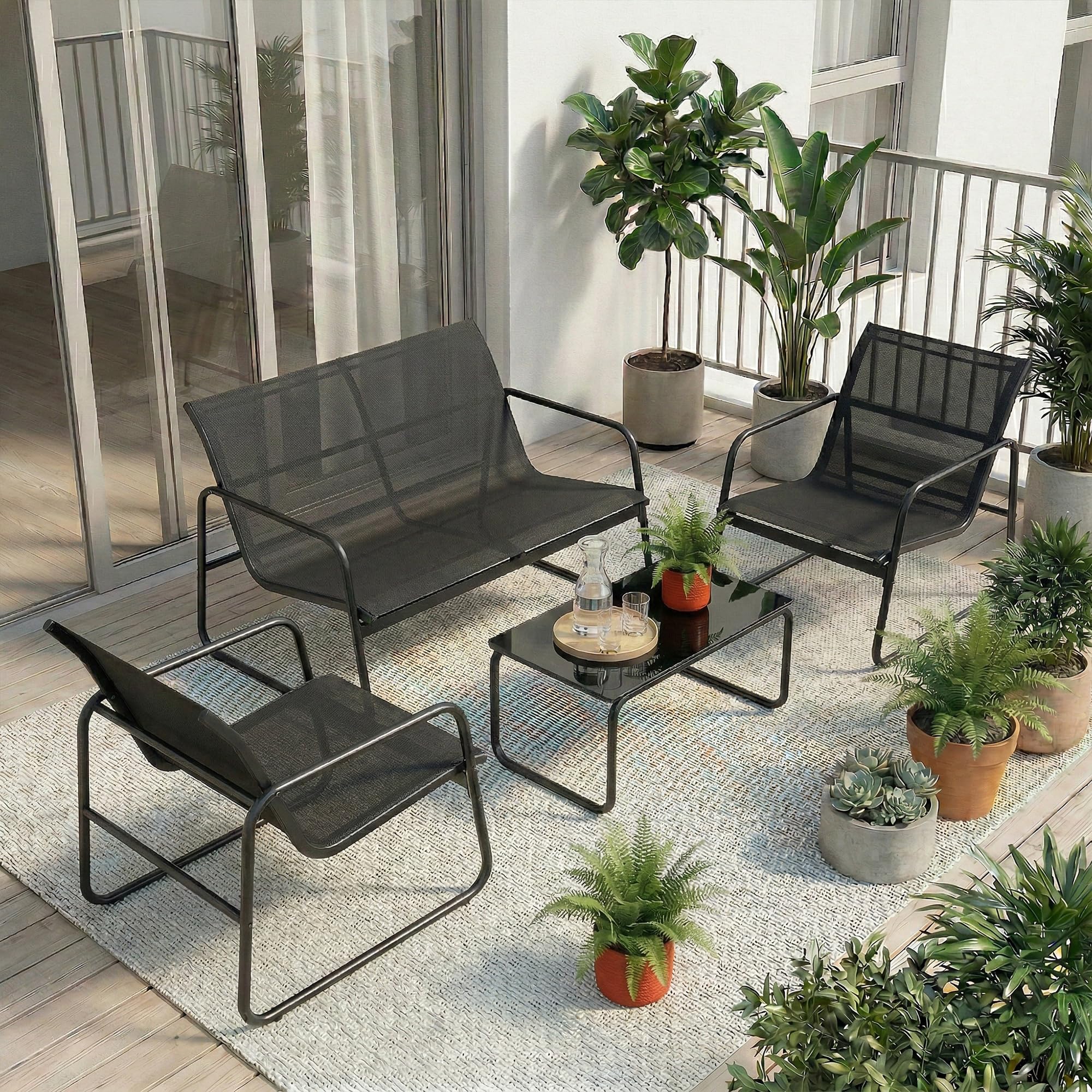 Outsunny Conjunto Jardín Exterior de 4 Piezas, Muebles Jardín Exterior con Sofá de 2 Plazas, 2 Sillones, Mesa de Vidrio Templado, Tela de Textilene Transpirable, Estructura de Acero, Gris Oscuro — view 9