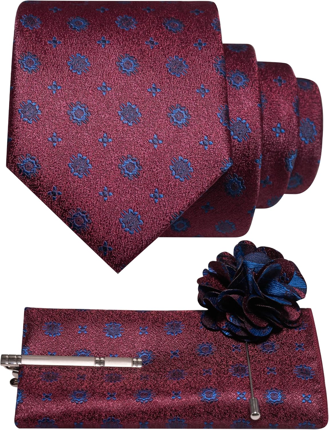 RBOCOTT Mens Tie Woven Necktie Pocket Square and Lapel Pin with Tie Clip Set for Business 4PCS