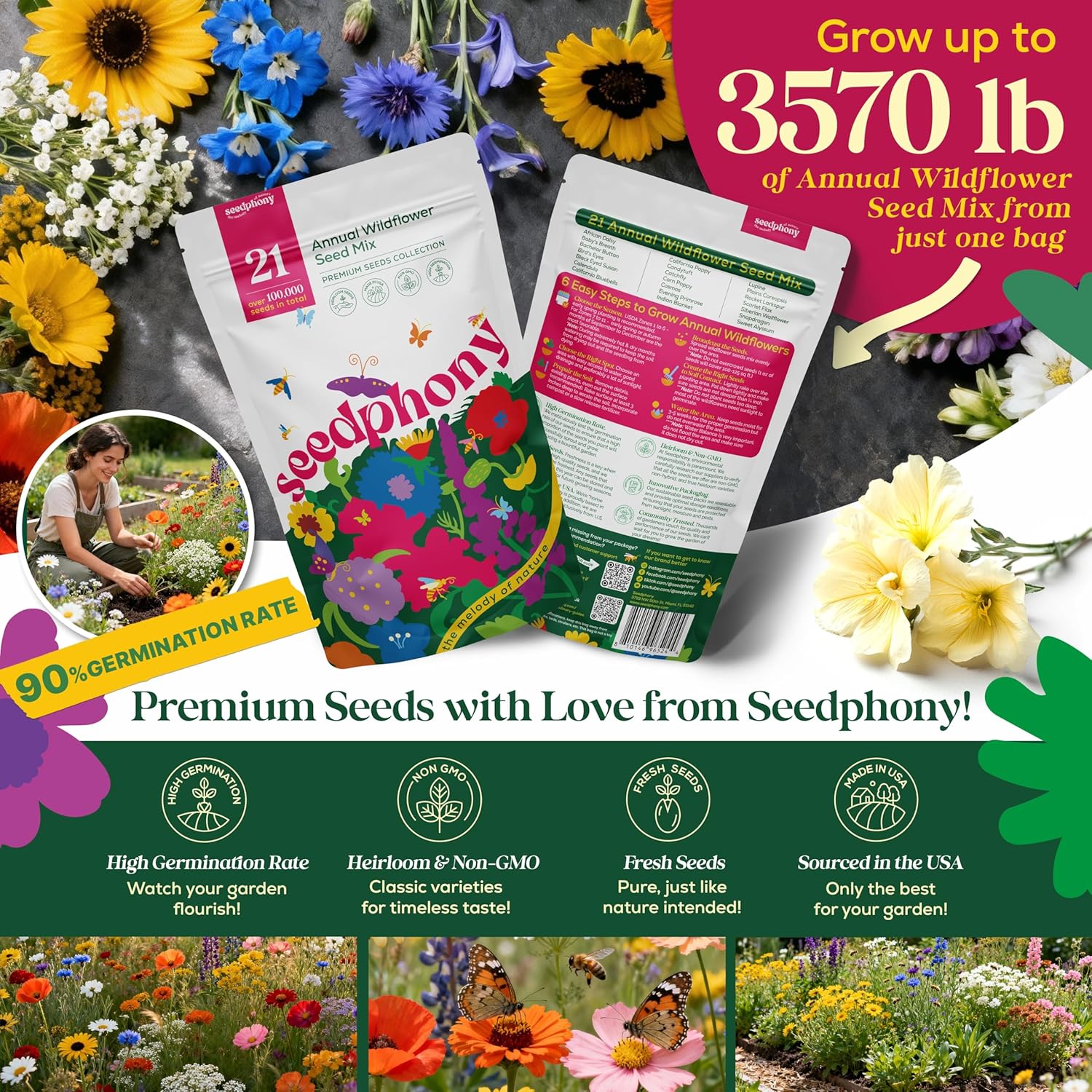 Seedphony 21 Annual Wildflower Mix 4 oz - 100,000 Non-GMO Heirloom Wildflower Seeds for Planting Garden, Wild Flowers in Waterproof Seed Packet, Wild Flowers to Attract Bees, Butterflies & Birds