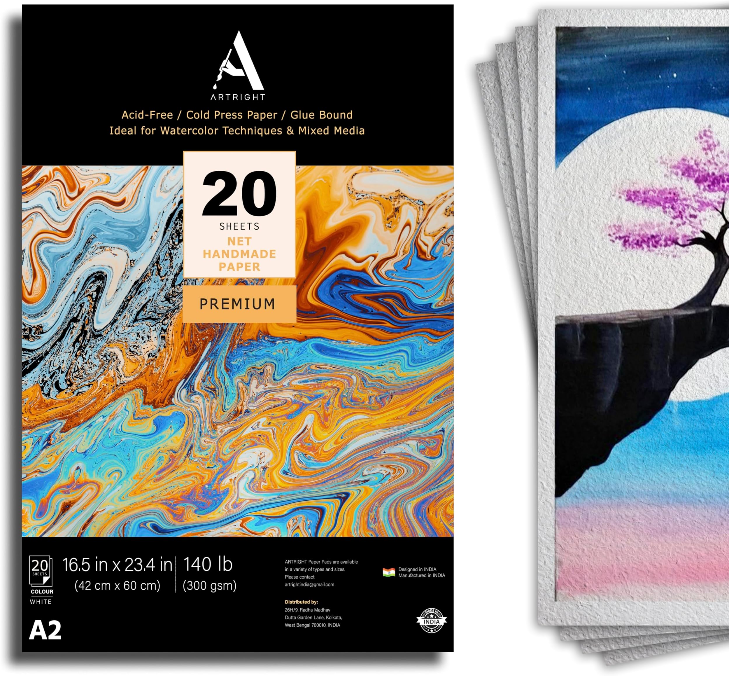 ArtRight White Net Handmade Papers (280 GSM) Ultra Premium fine Textured Dotted Handmade Watercolor Papers for Watercolour, Acrylic, Ink and Mixed Media (A2-20)