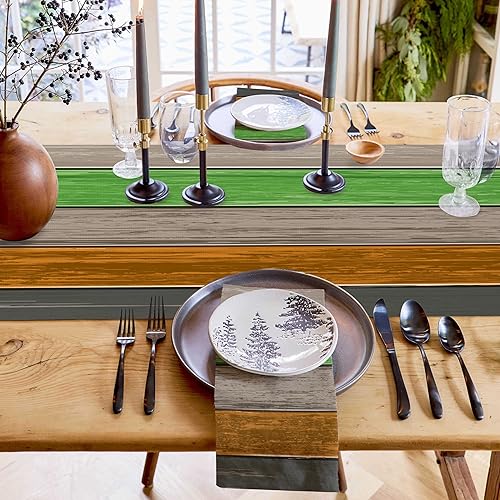 Miniatura 157 de Camino de mesa de algodón y lino estilo granja rústico retro, textura de madera de granero, color degradado marrón y gris, antideslizante,