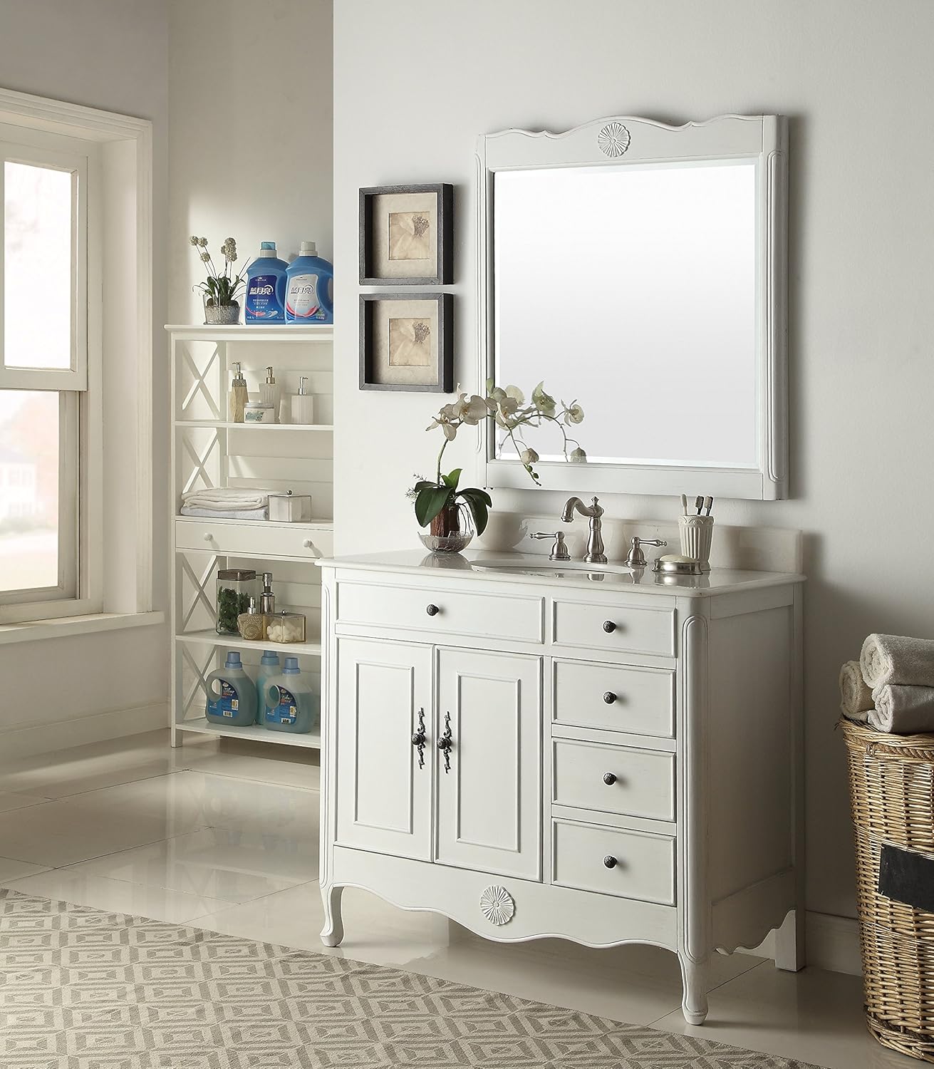Benton Collection 38" Distressed White Daleville Bathroom Sink Vanity w/Mirror HF-837AW-MIR