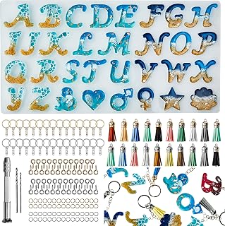 ISSEVE 164Pcs Obverse Alphabet Resin Molds Kit, Silicone Molds for Casting DIY, Letter & Ornament Epoxy Molds Keychain Making Set with 1 Hand Drill 2 Drill Bits 160Pcs Keychain Supplies