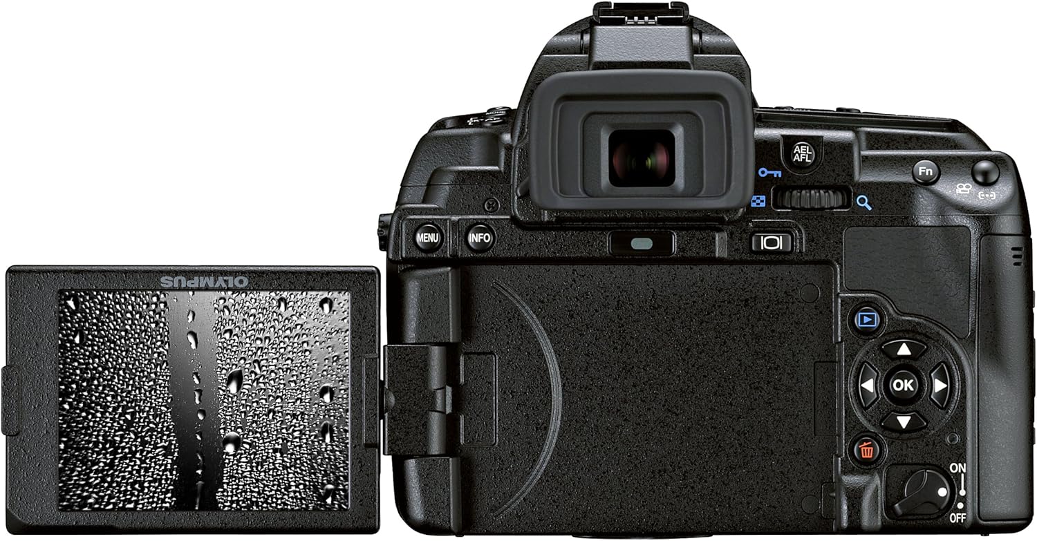 Арткы view of Olympus E-5 camera with swiveling LCD monitor extended and displaying an image
