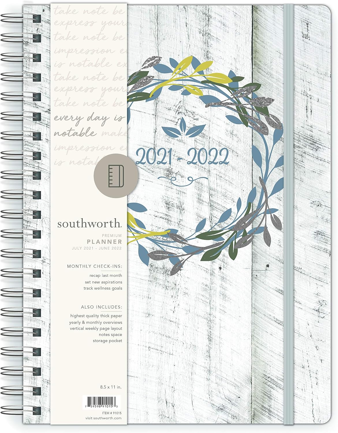 Southworth Academic Planner (July 2021-June 2022), 8.5" x 11", Rustic Floral Wreath, 28 lb./105 GSM Paper, Large Twin Wire (91015)