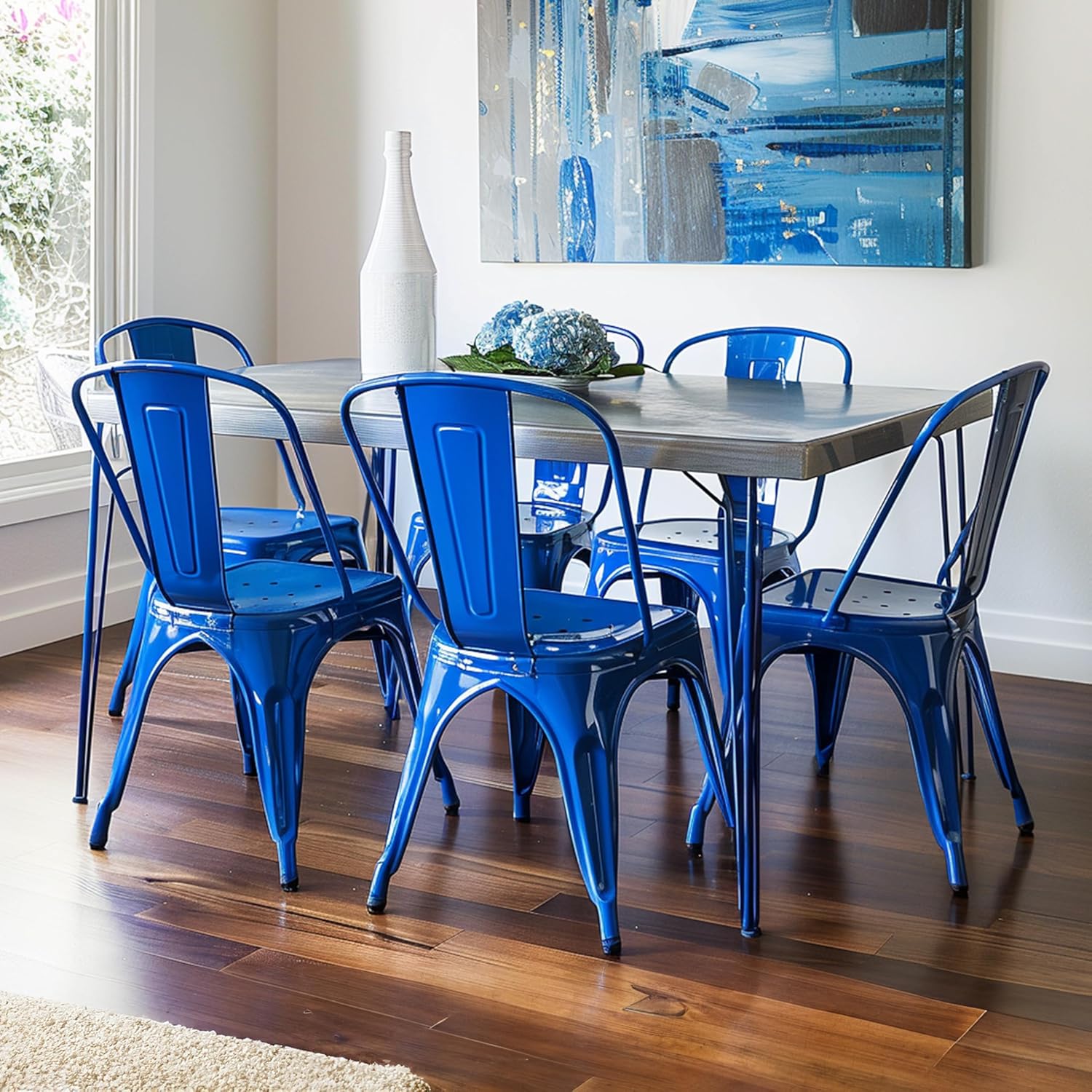 AC Pacific 18 Inch Seat Height Industrial Metal Dining Chairs, Stackable Kitchen or Bar Seat, Durable Modern Design, Versatile Accent Furniture, Set of 2, Blue